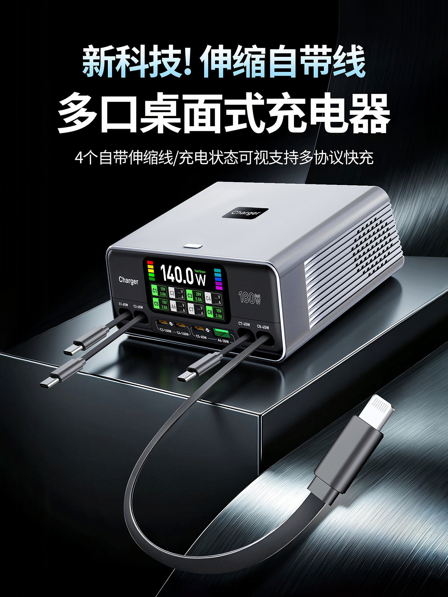 氮化镓充电器自带伸缩线多口PD3.1快充头140W桌面充电站USBC智能数显TypeC适用苹果17手机iPad平板笔记本电脑